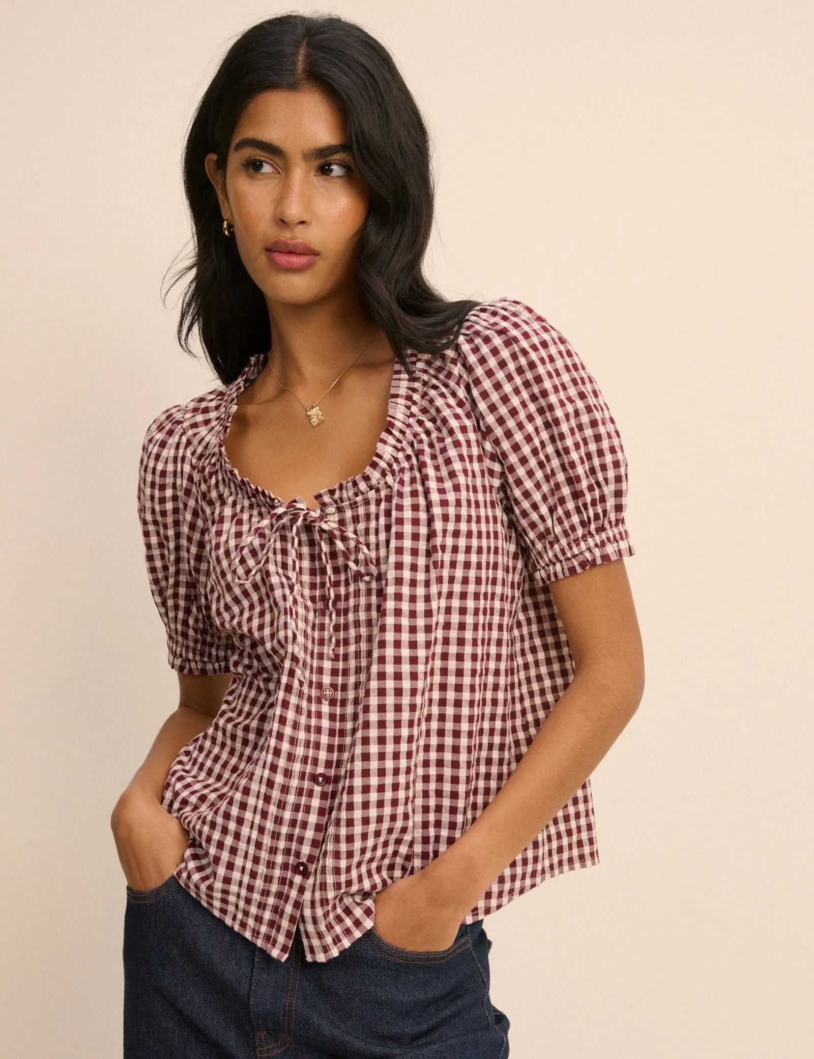 Burgundy Gingham Puff Sleeve Lumi Blouse sold by Nobody's Child product image thumbnail 2