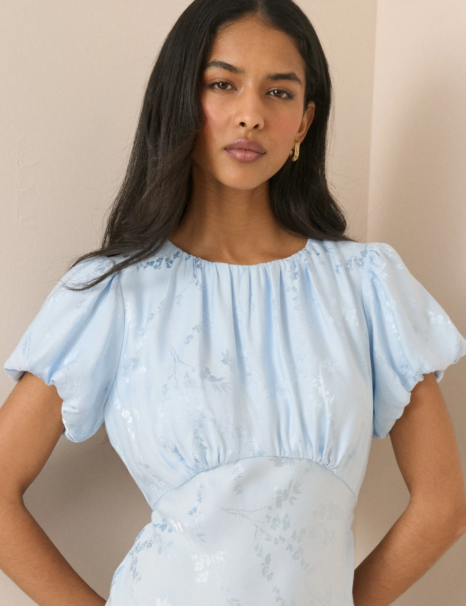 Light Blue Jacquard Florals Sicily Midi Dress sold by Nobody's Child product image thumbnail 3