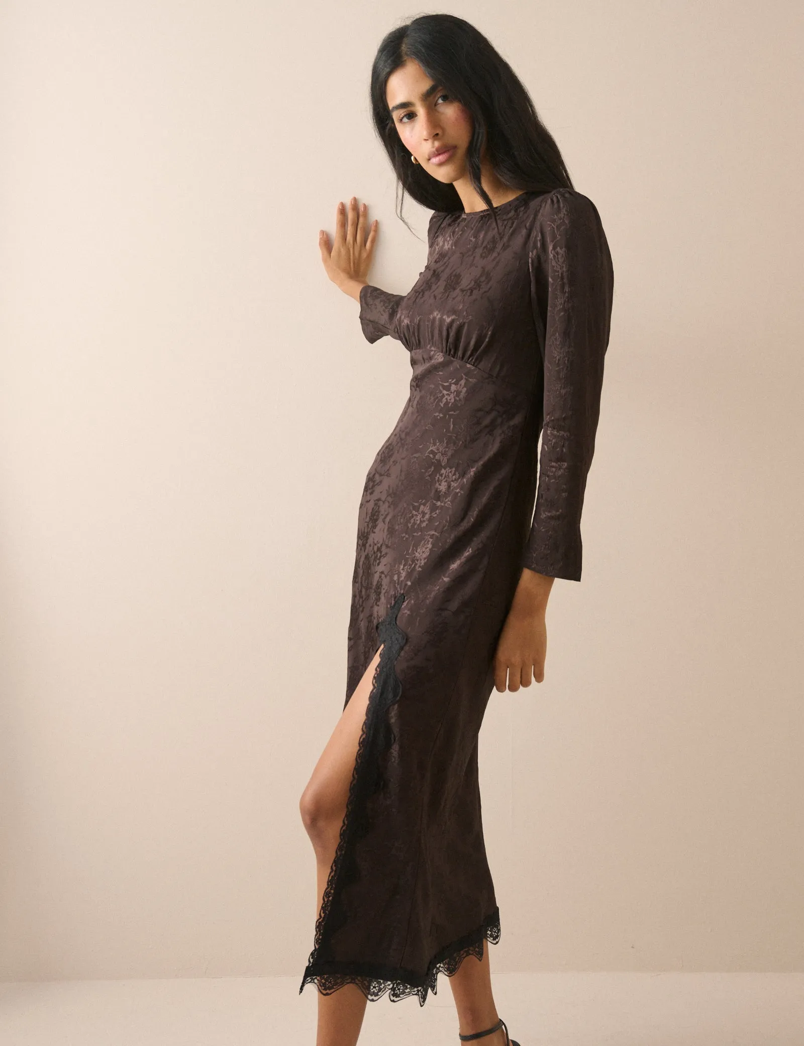 Brown Jacquard Floral Long Sleeve Jamie Midi Dress sold by Nobody's Child product image thumbnail 3