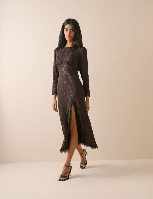 Brown Jacquard Floral Long Sleeve Jamie Midi Dress made by Nobody's Child