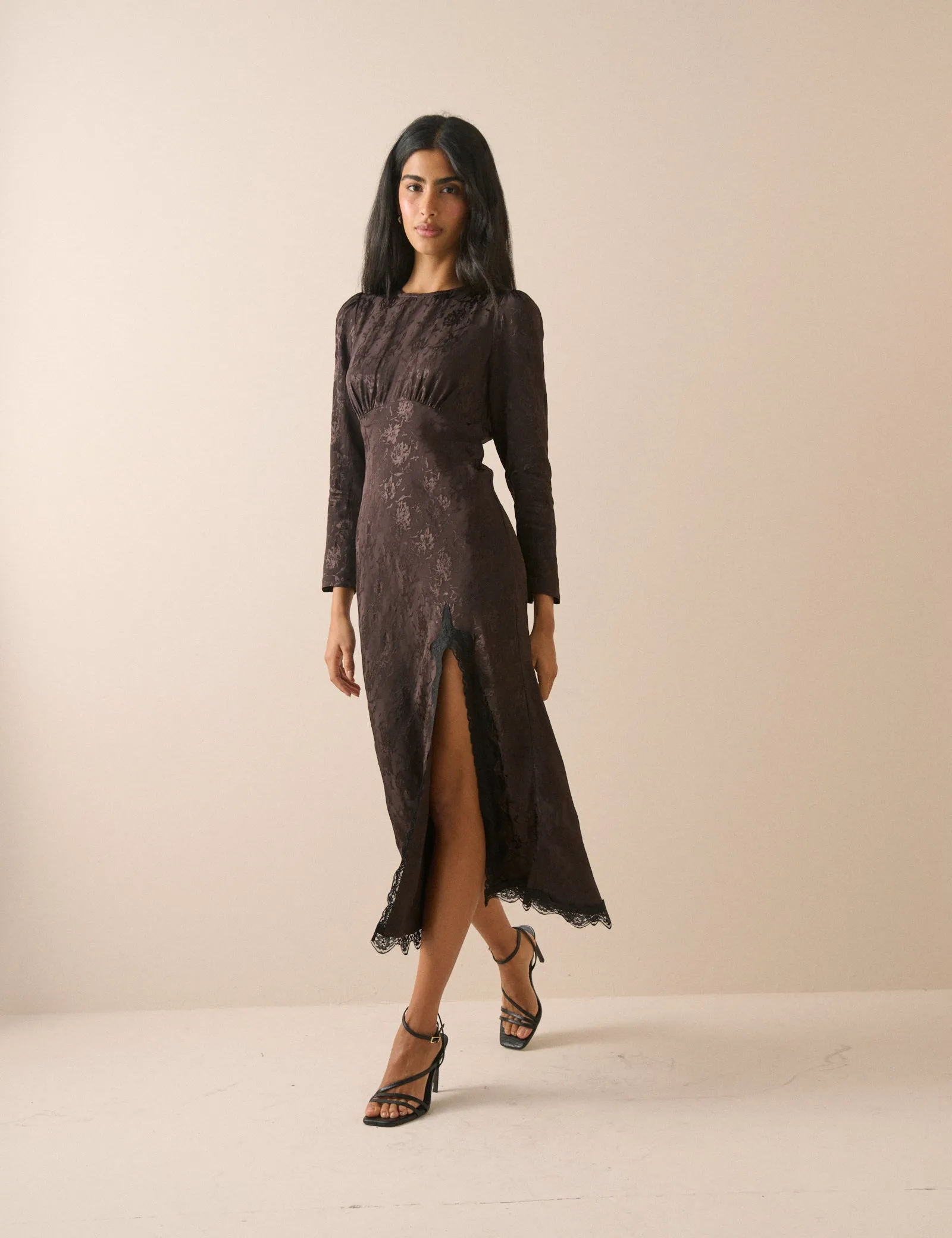 Brown Jacquard Floral Long Sleeve Jamie Midi Dress sold by Nobody's Child