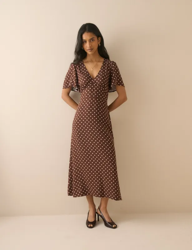 Brown Polka Dot Atlas Midi Dress made by Nobody's Child