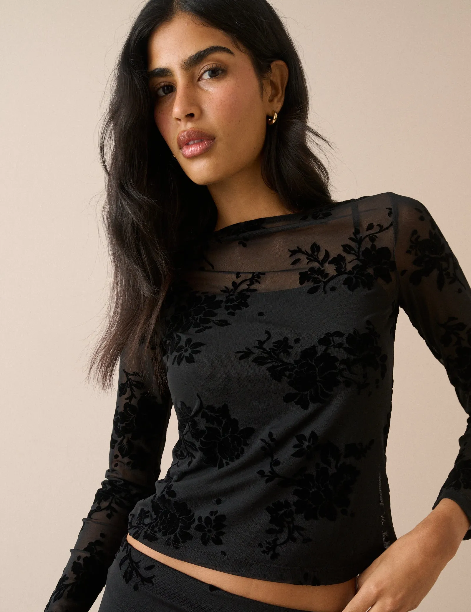 Black Floral Mesh Long Sleeve Top sold by Nobody's Child