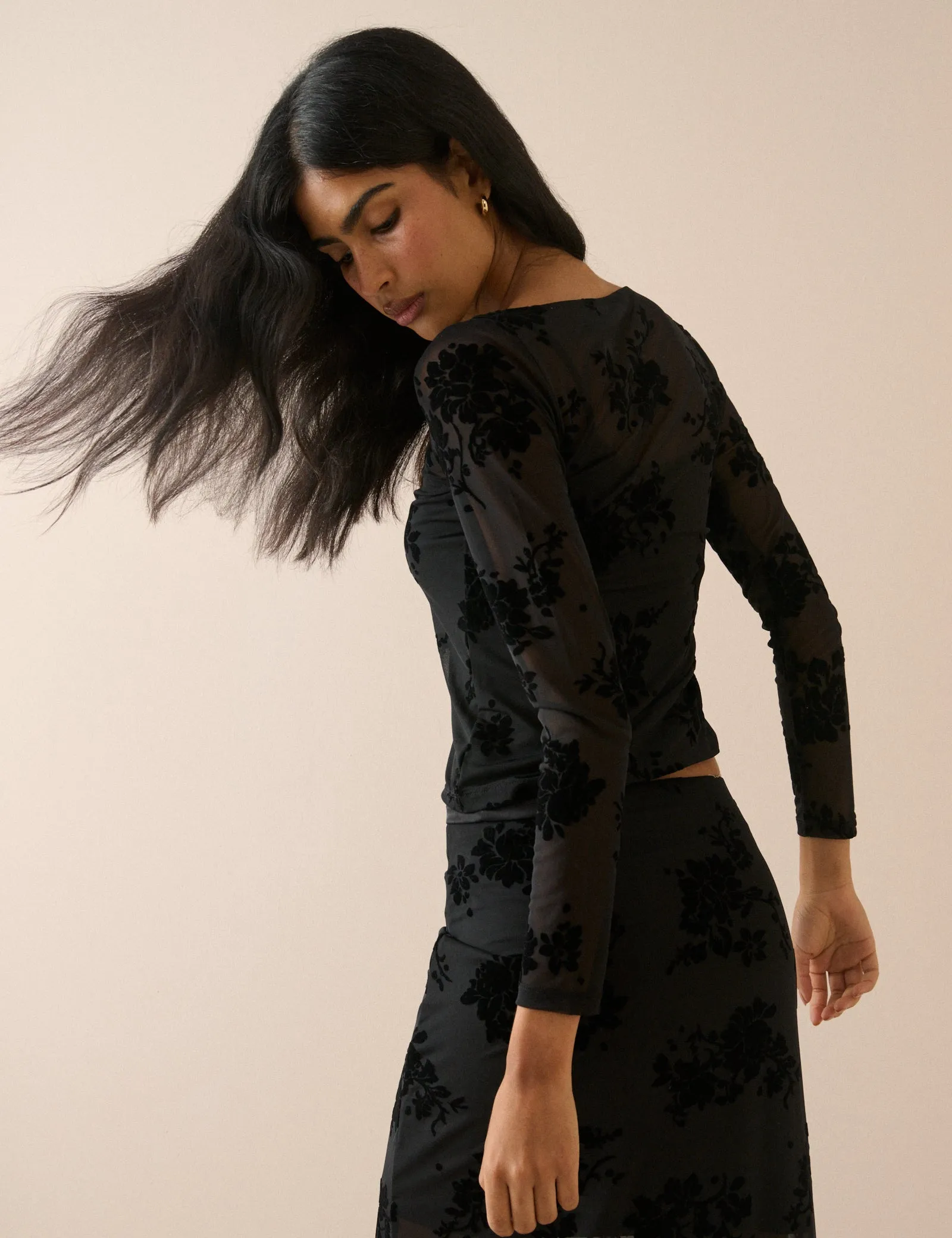 Black Floral Mesh Long Sleeve Top sold by Nobody's Child product image thumbnail 5