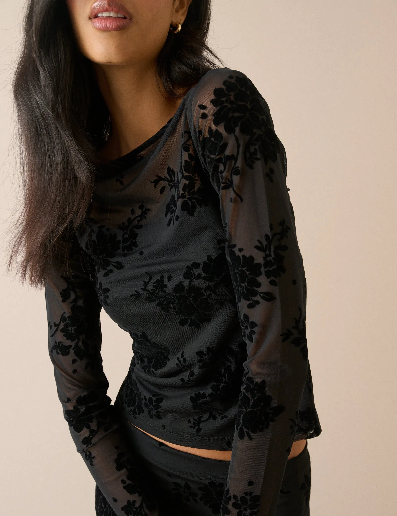 Black Floral Mesh Long Sleeve Top sold by Nobody's Child product image thumbnail 3