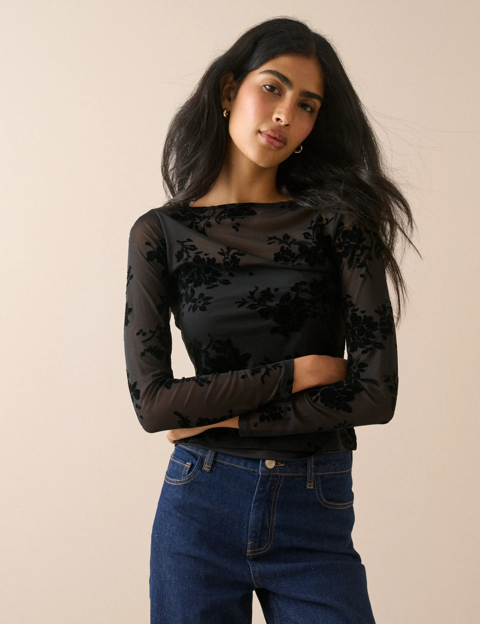 Black Floral Mesh Long Sleeve Top sold by Nobody's Child product image thumbnail 4