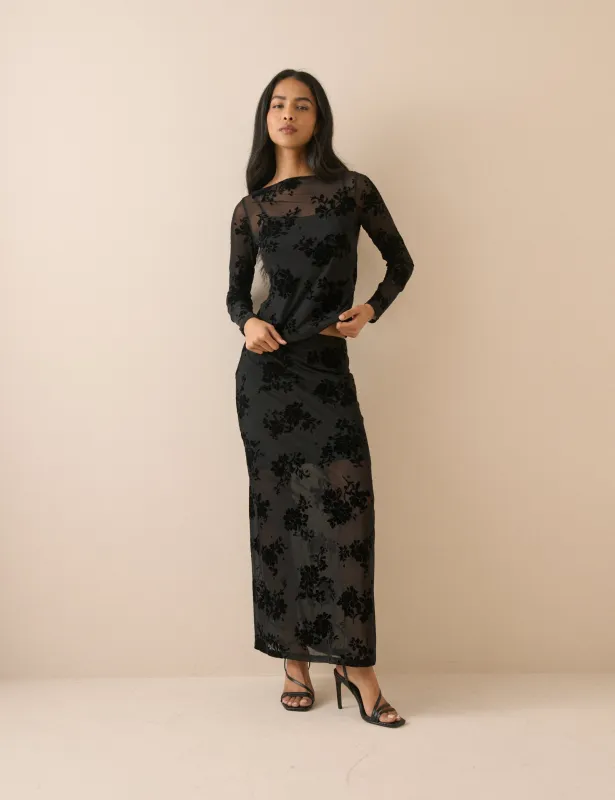Black Floral Mesh Maxi Skirt made by Nobody's Child