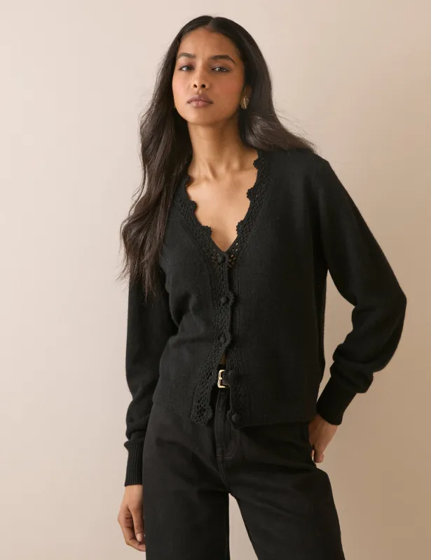 Black Wool Blend Crochet Trim Elodie Cardigan made by Nobody's Child