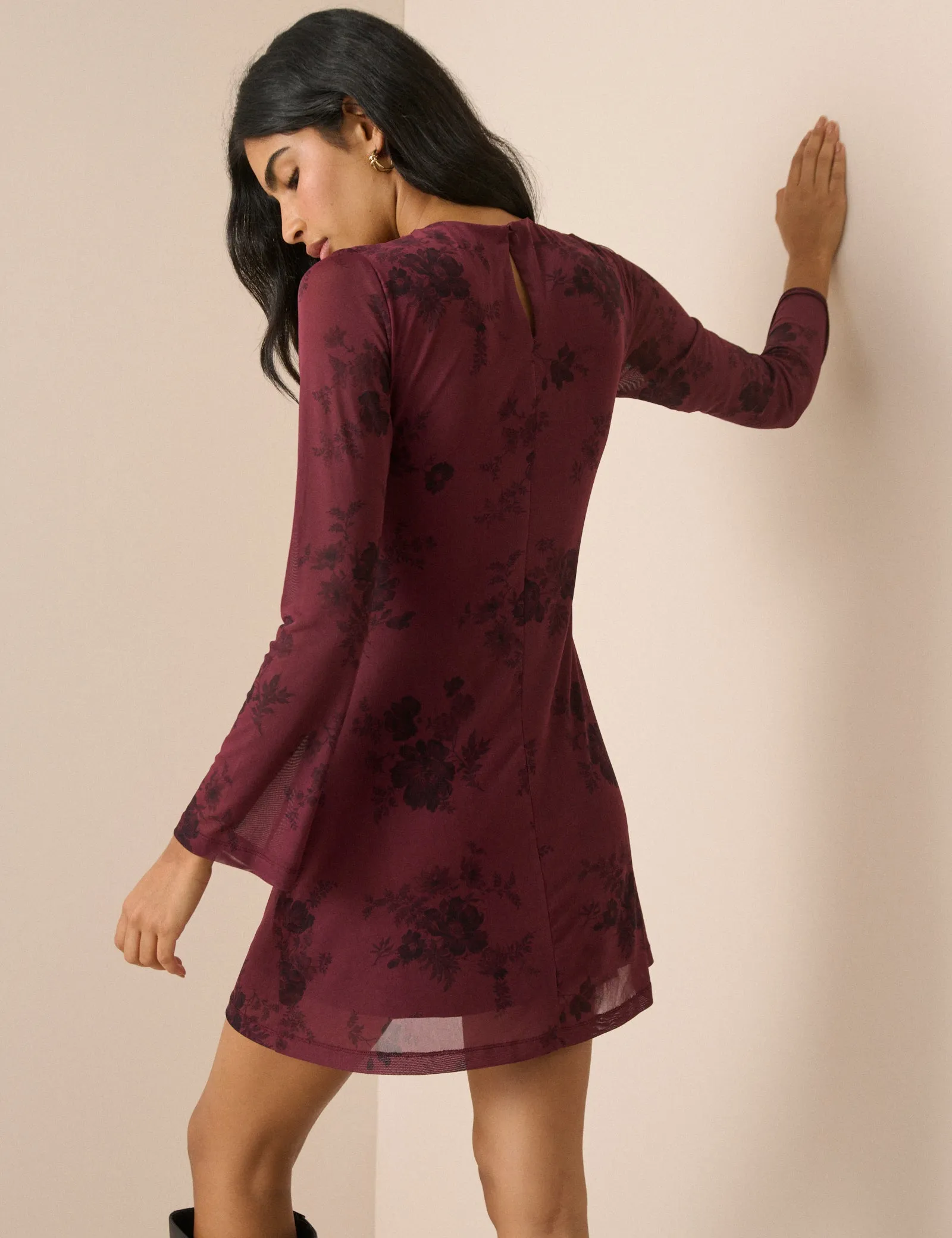 Burgundy Floral Long Sleeve Ruched Kiera Mini Dress sold by Nobody's Child product image thumbnail 5