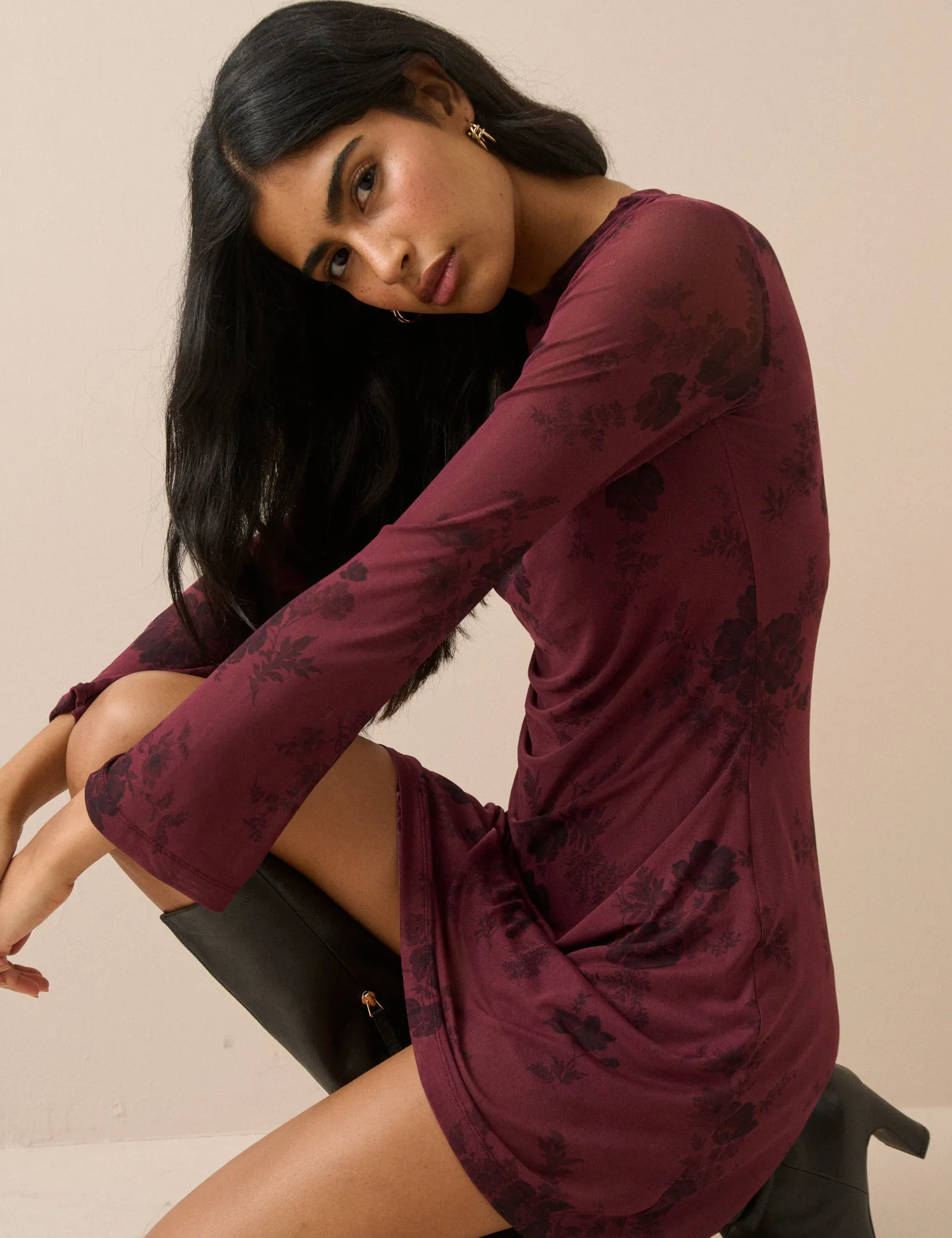 Burgundy Floral Long Sleeve Ruched Kiera Mini Dress sold by Nobody's Child product image thumbnail 4