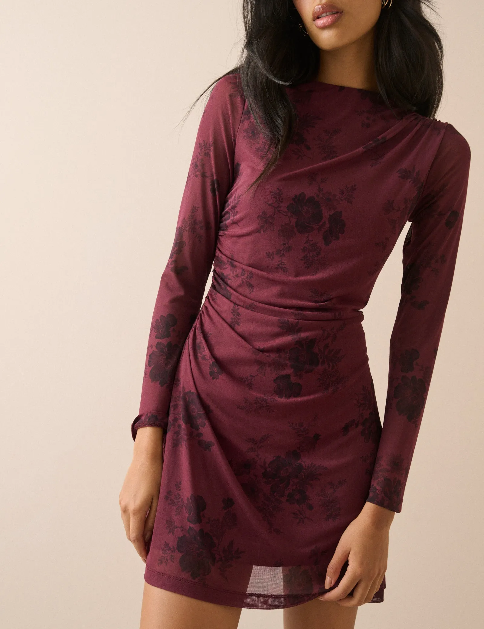Burgundy Floral Long Sleeve Ruched Kiera Mini Dress sold by Nobody's Child product image thumbnail 2