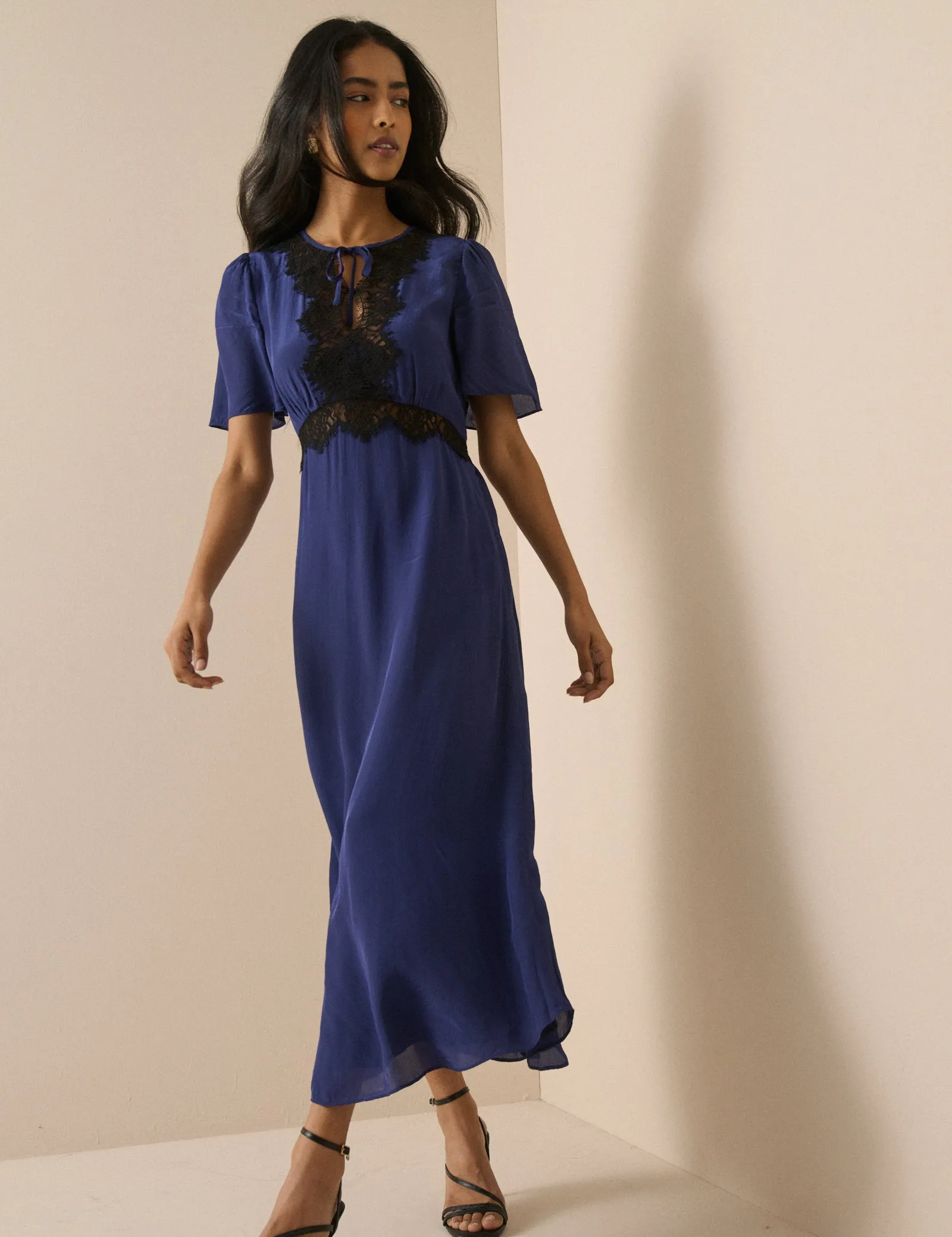 Navy Lace Trim Wynne Midi Dress sold by Nobody's Child