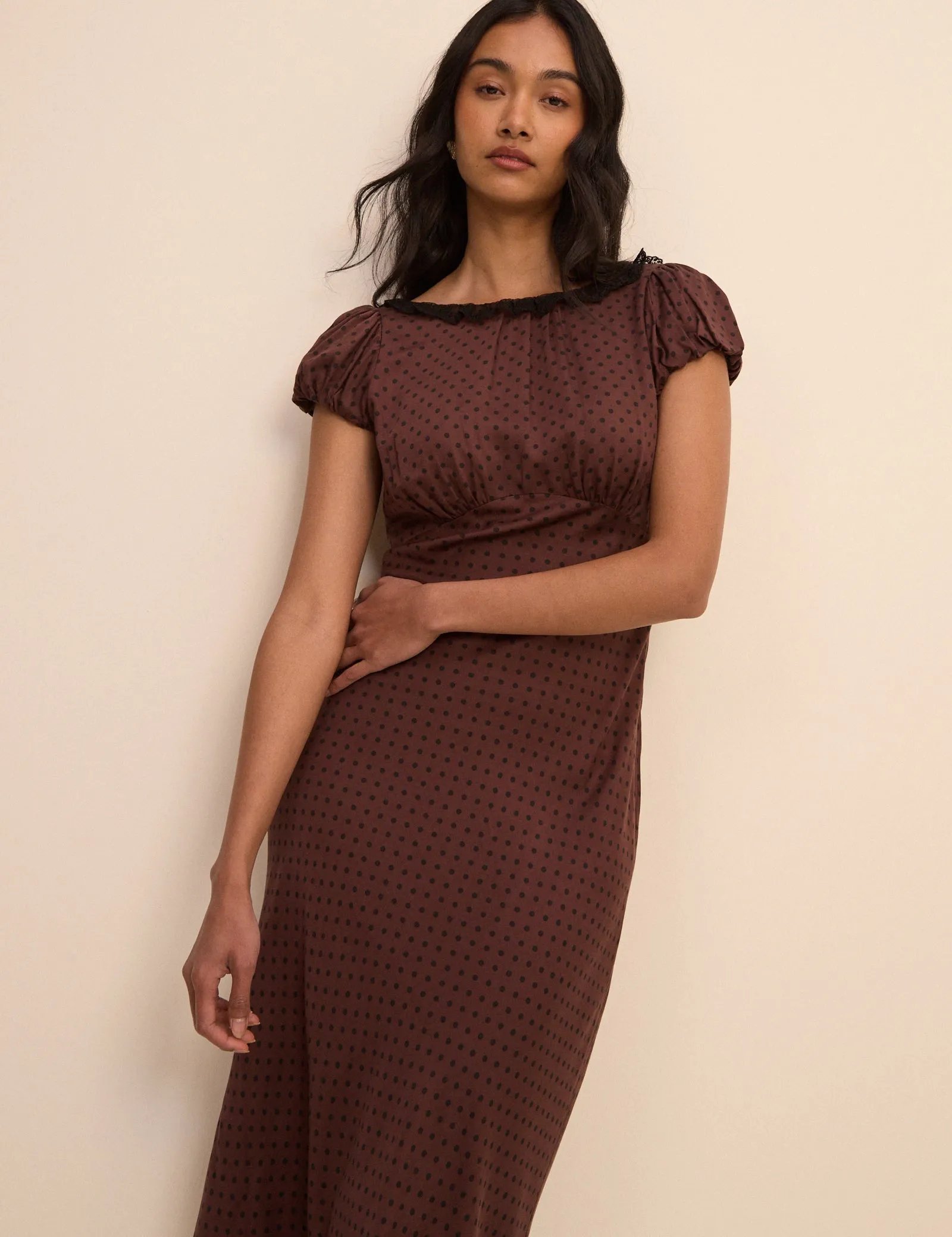Petite Brown Polka Dot Puff Sleeve Marianna Midi Dress sold by Nobody's Child product image thumbnail 2