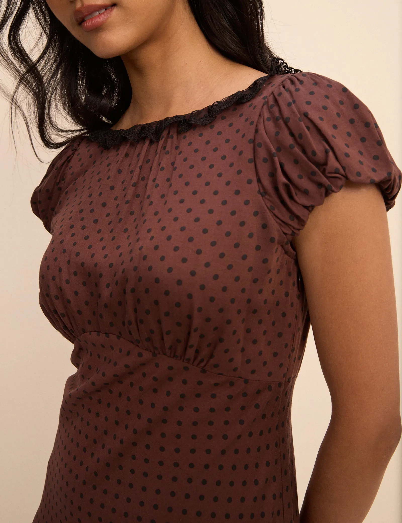 Petite Brown Polka Dot Puff Sleeve Marianna Midi Dress sold by Nobody's Child product image thumbnail 4