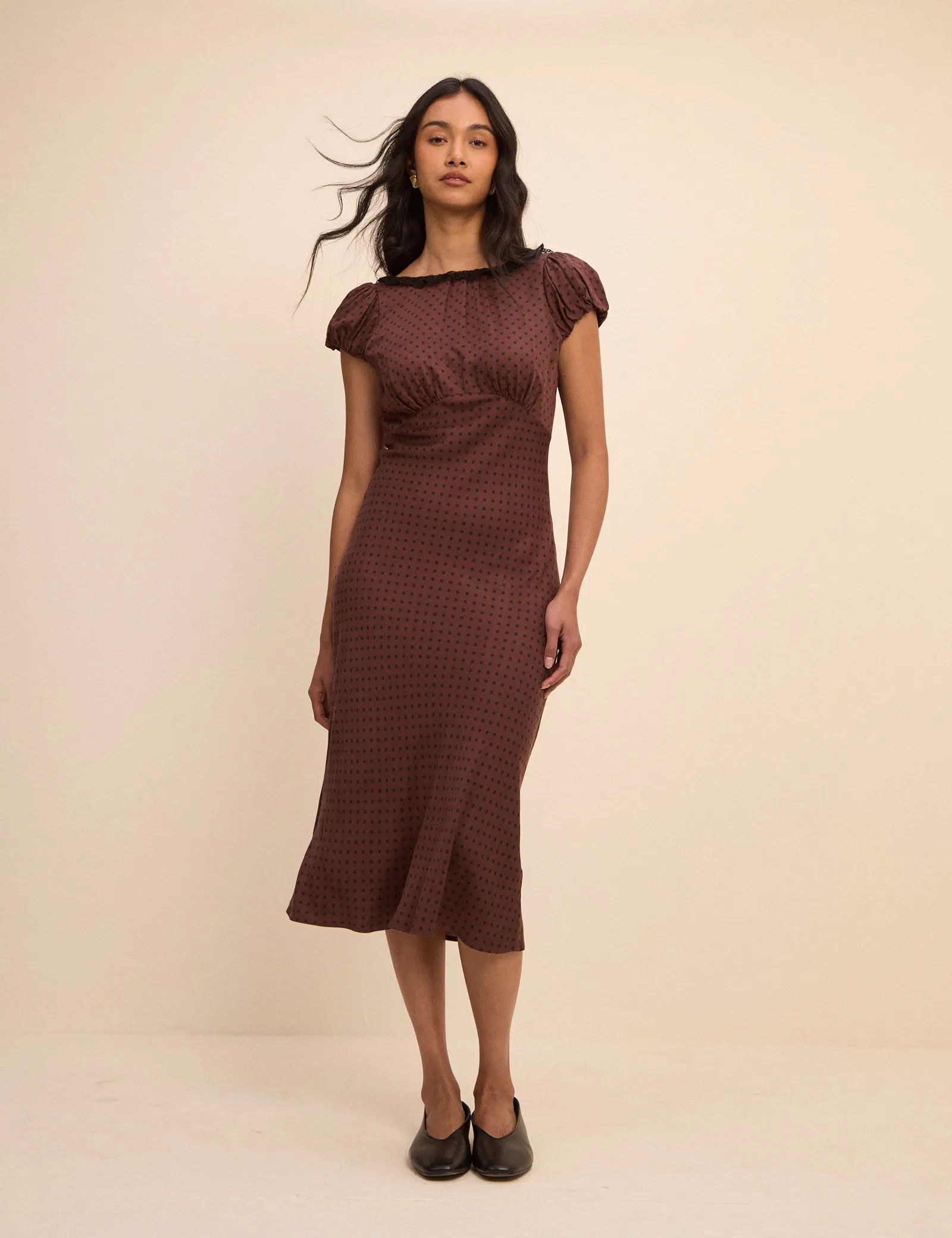 Petite Brown Polka Dot Puff Sleeve Marianna Midi Dress sold by Nobody's Child