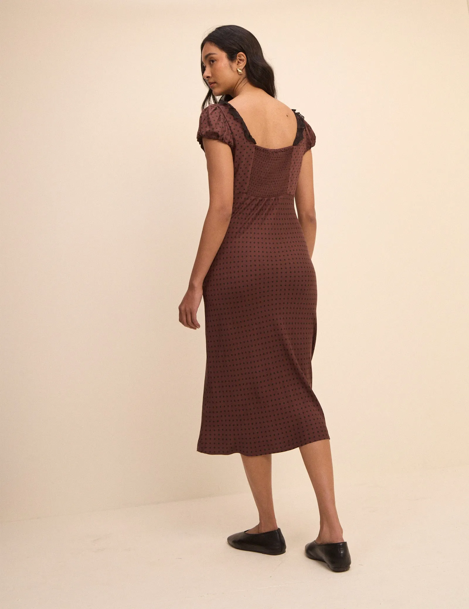 Petite Brown Polka Dot Puff Sleeve Marianna Midi Dress sold by Nobody's Child product image thumbnail 5