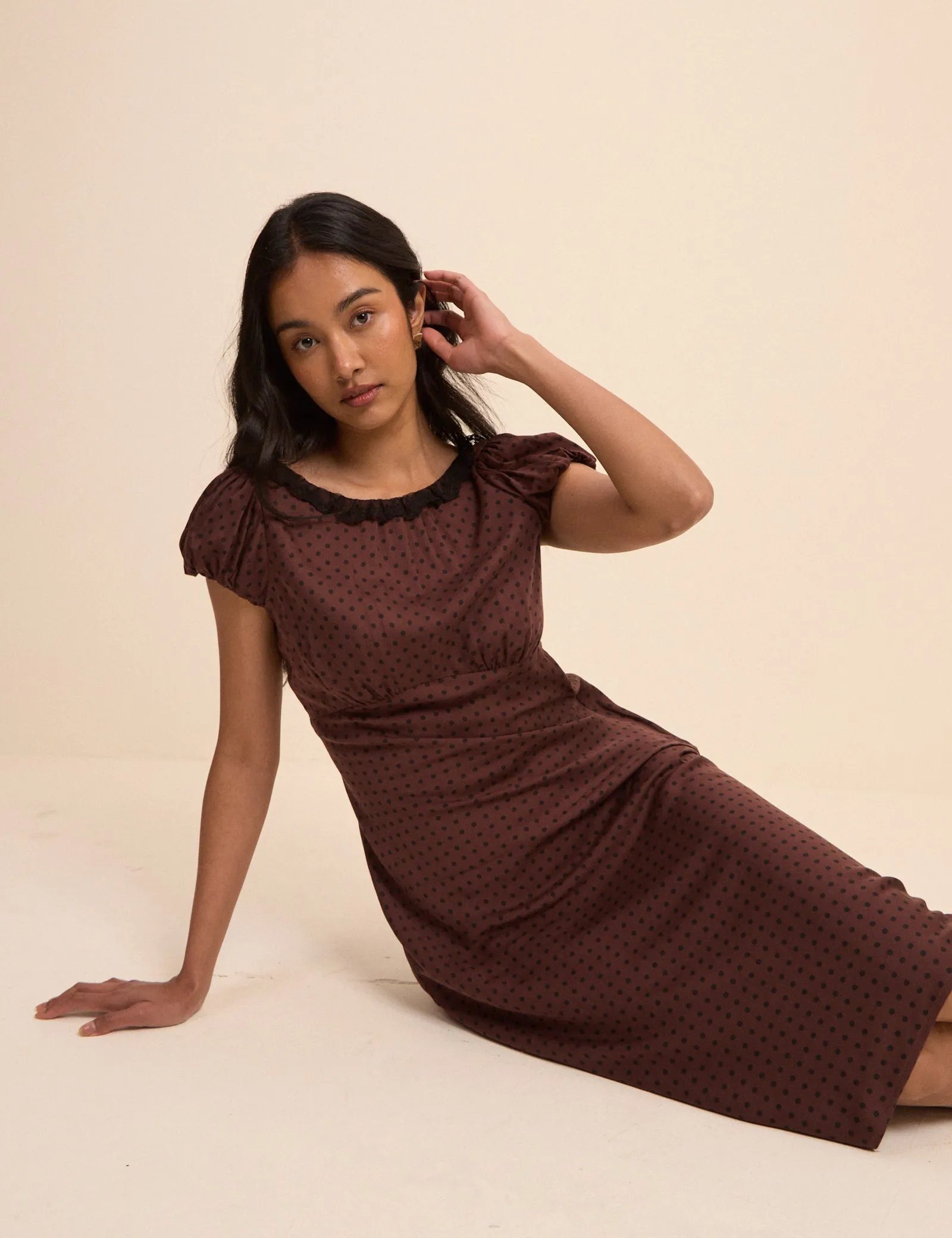 Petite Brown Polka Dot Puff Sleeve Marianna Midi Dress sold by Nobody's Child product image thumbnail 3