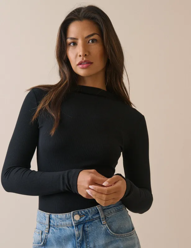 Black Ribbed Boat Neck Jersey Top made by Nobody's Child