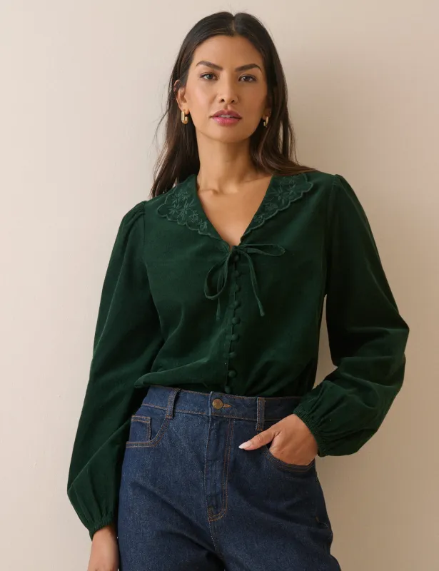 Forest Green Floral Embroidered Collar Cord Blouse made by Nobody's Child
