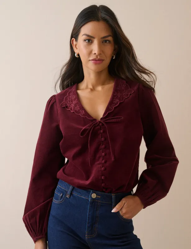 Burgundy Floral Embroidered Collar Cord Blouse made by Nobody's Child