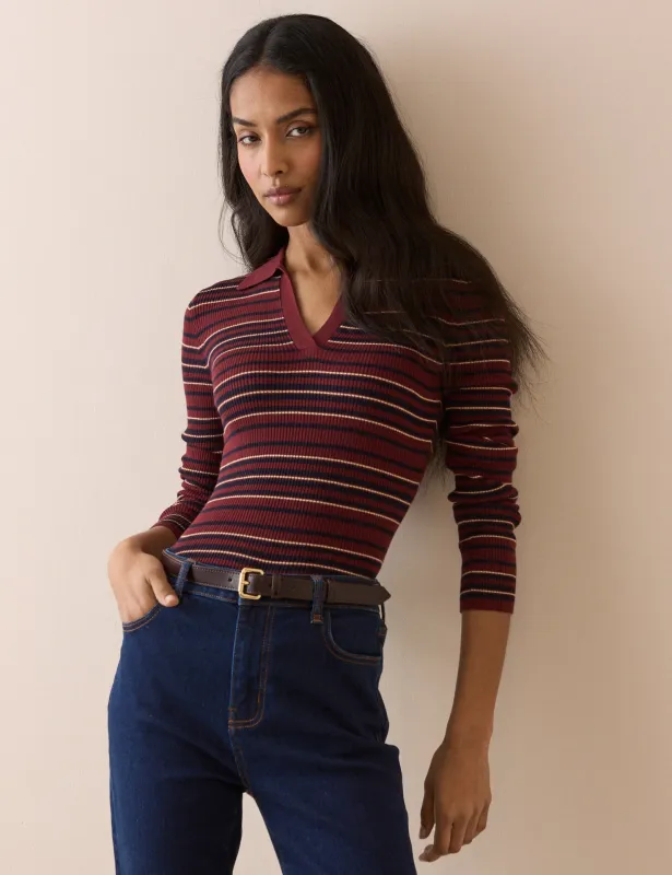 Red Striped Ribbed Collared Top made by Nobody's Child