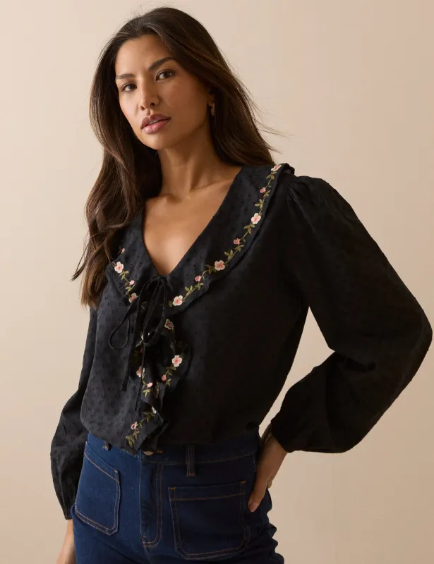 Black Embroidered Floral Ruffle Trim Top made by Nobody's Child