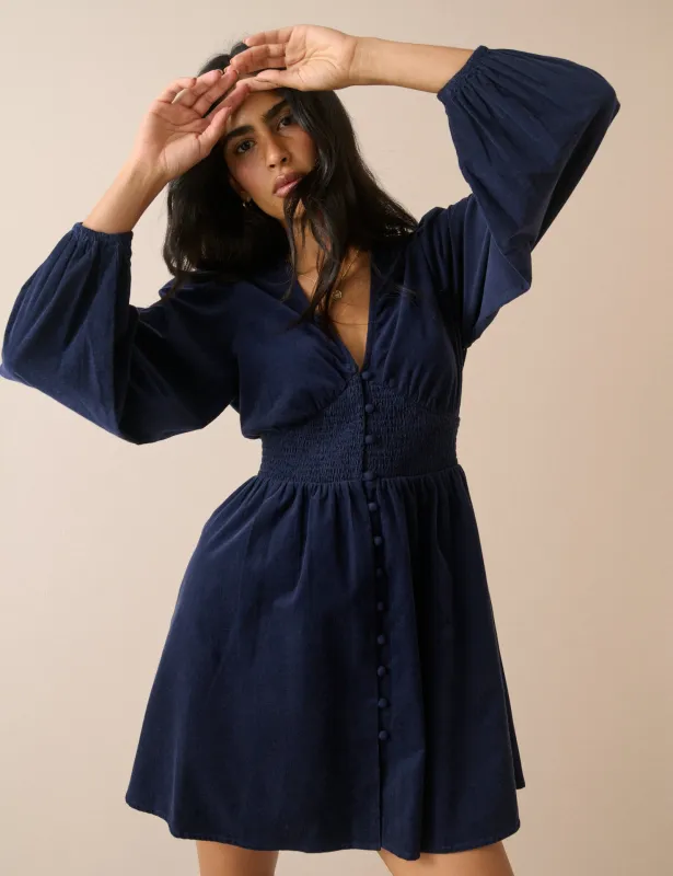Navy Balloon Sleeve Riley Cord Mini Dress made by Nobody's Child