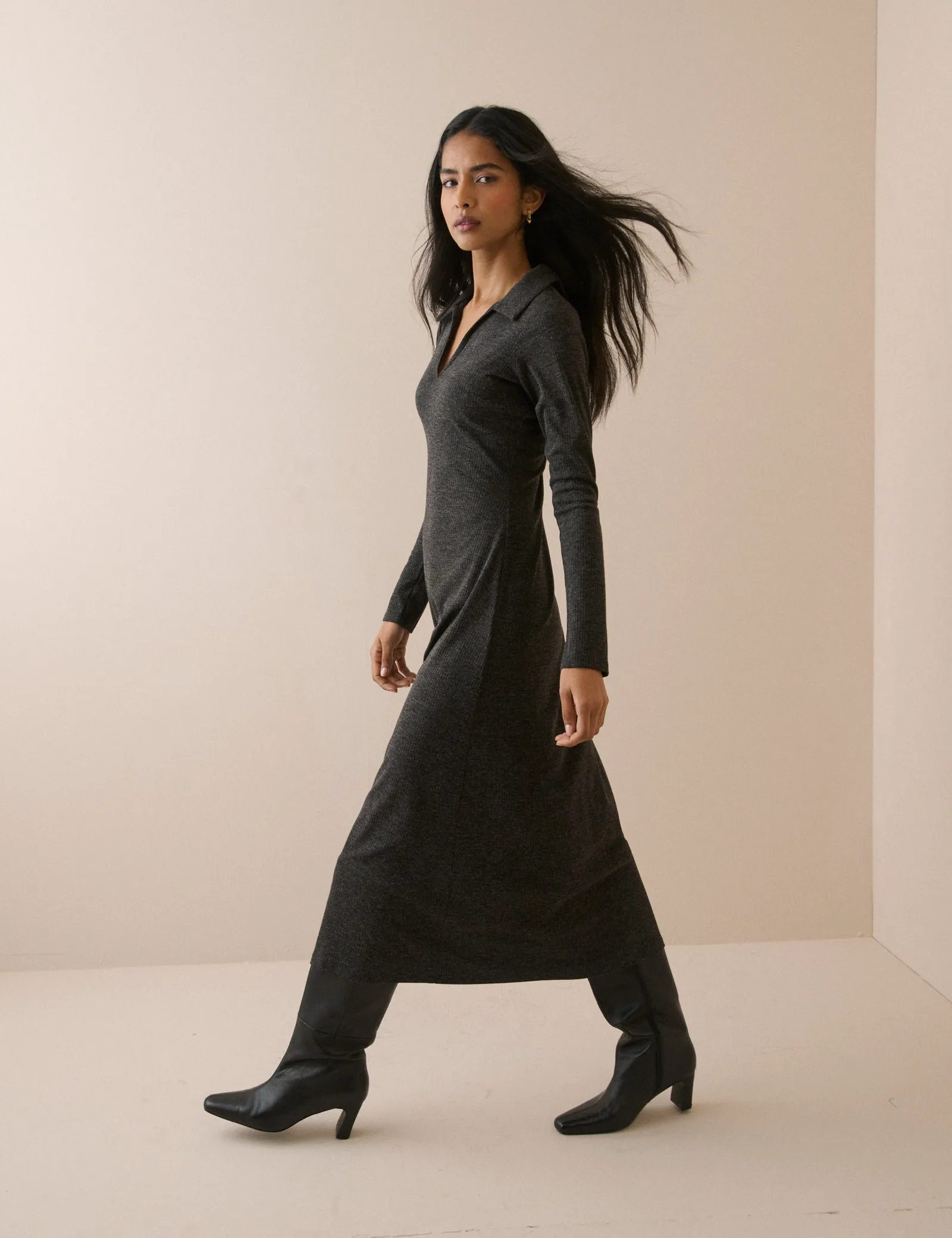 Charcoal Grey Ribbed Jersey Everett Midi Dress sold by Nobody's Child product image thumbnail 3