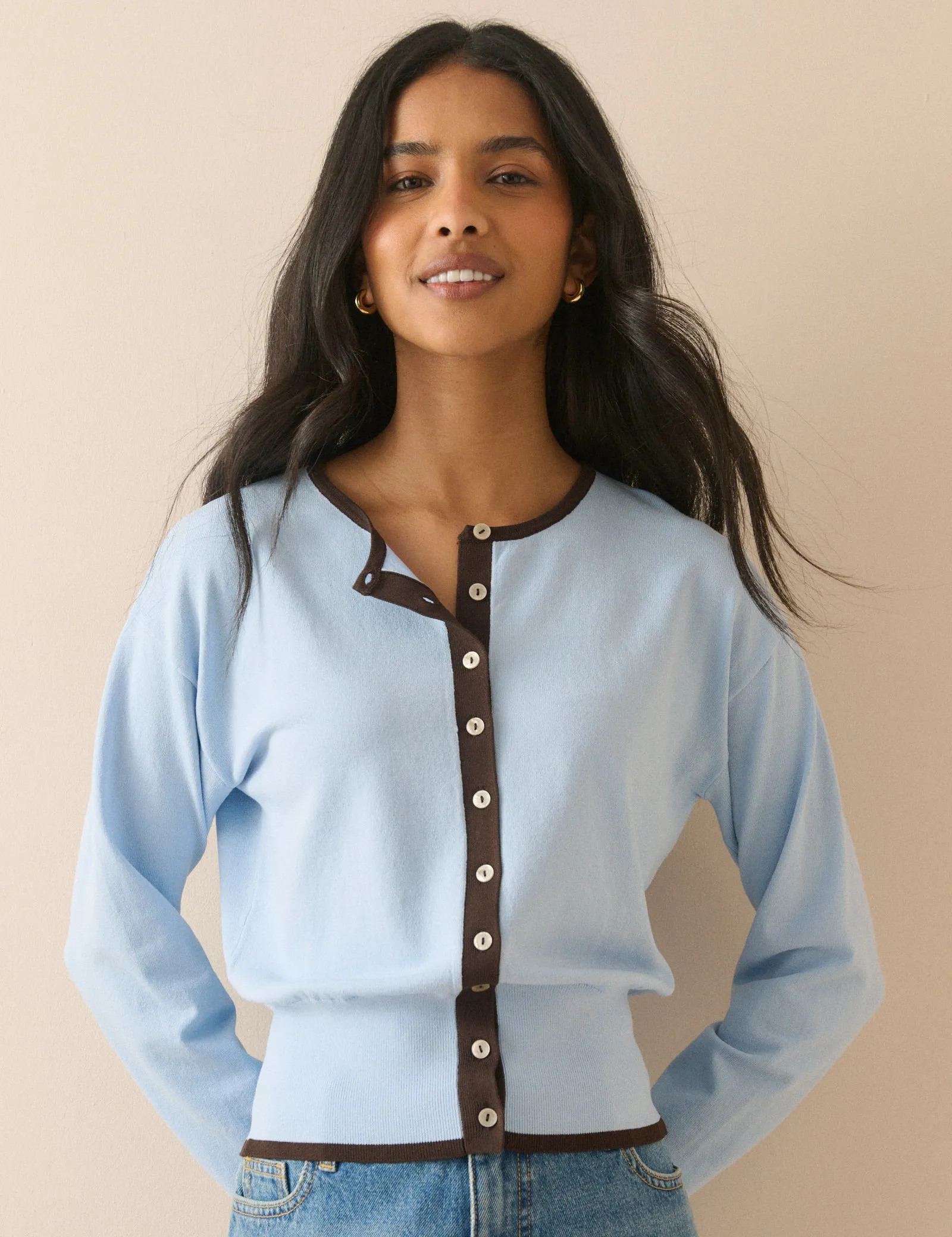 Blue and Brown Contrast Trim Cardigan sold by Nobody's Child