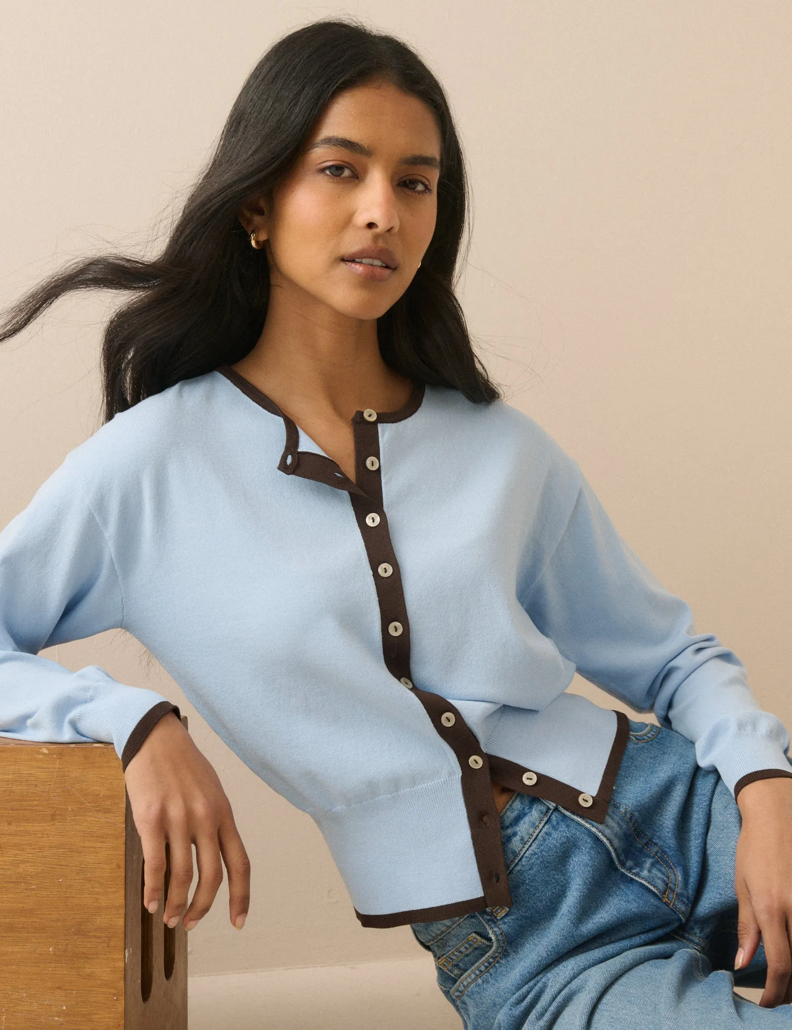 Blue and Brown Contrast Trim Cardigan sold by Nobody's Child product image thumbnail 3
