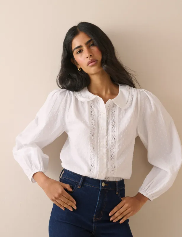White Long Sleeve Broderie Anglaise Peter Pan Collar Blouse made by Nobody's Child