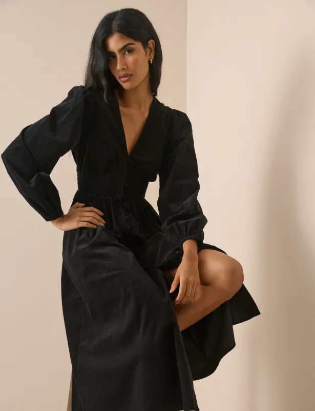 Black Cord Shirred Waist Riley Midi Dress made by Nobody's Child