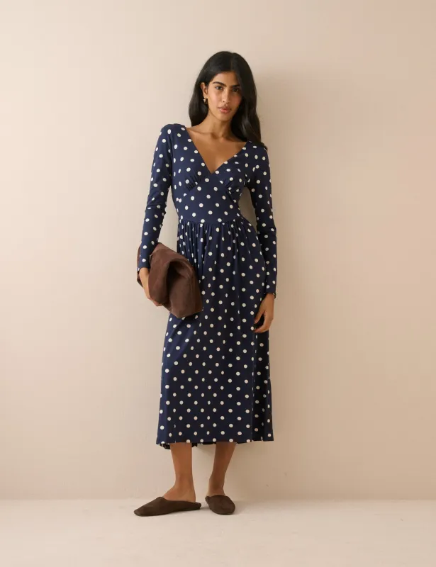Navy Polka Dot Jersey Addison Midi Dress made by Nobody's Child