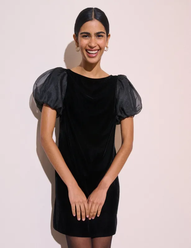 Black Puff Sleeve Velvet Roxy Mini Dress made by Nobody's Child