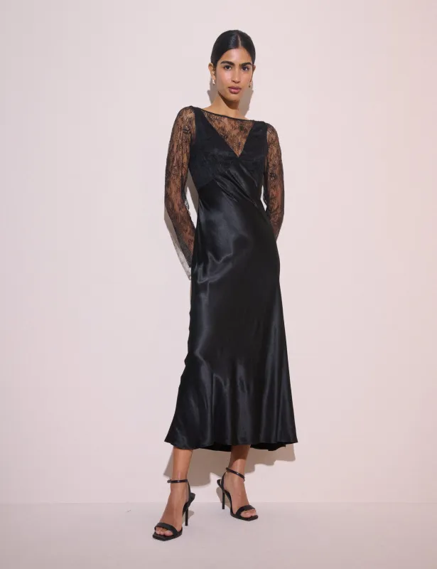 Black Lace Detail Satin Kimber Midi Dress made by Nobody's Child