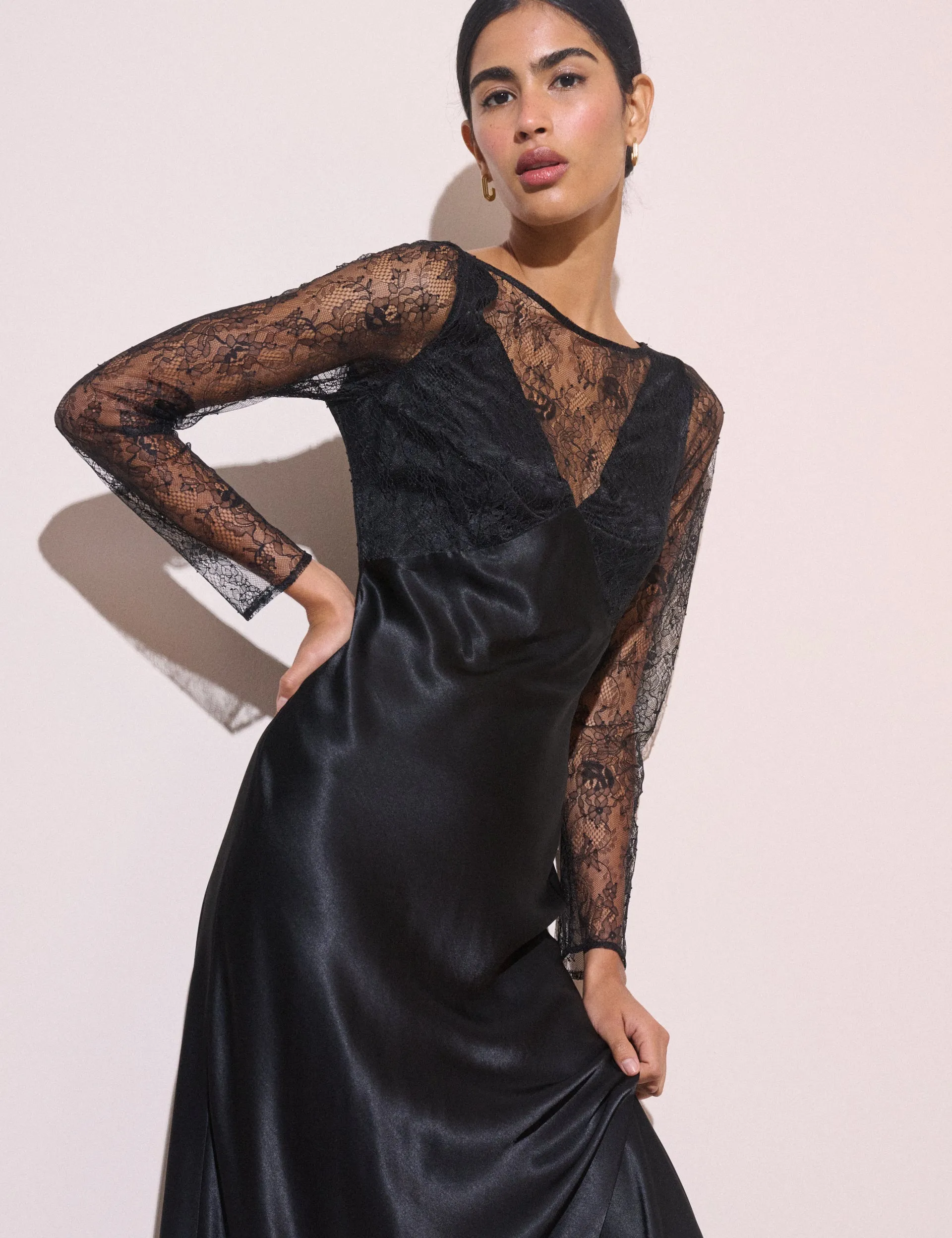 Black Lace Detail Satin Kimber Midi Dress sold by Nobody's Child product image thumbnail 2