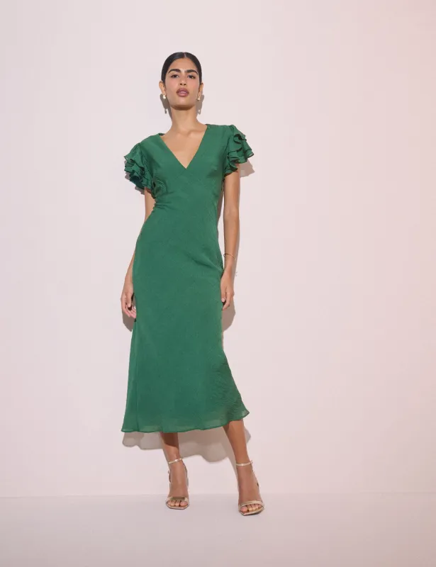 Emerald Green Frill Sleeve Layla Midi Dress made by Nobody's Child
