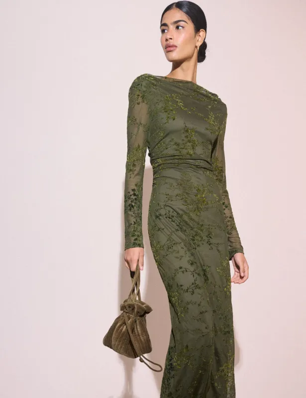 Olive Green Floral Mesh Lana Midi Dress made by Nobody's Child
