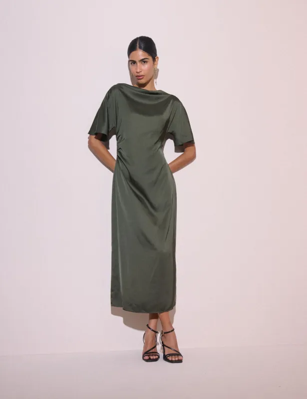 Olive Green Ruched Satin Britney Midi Dress made by Nobody's Child