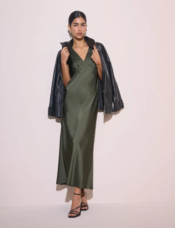 Olive Green V-Neck Satin Joey Midi Dress made by Nobody's Child