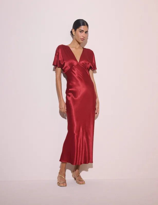 Red V-Neck Satin Grace Midi Dress made by Nobody's Child