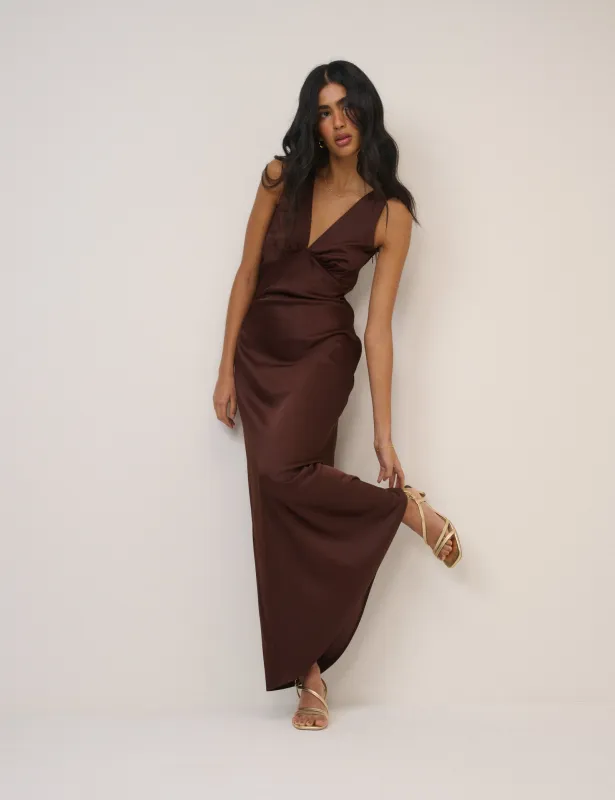 Chocolate Brown Satin Joey Maxi Dress made by Nobody's Child