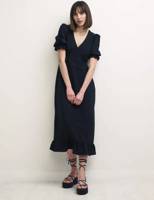 Black Linen-blend Puff Sleeve Delilah Midi Dress sold by Nobody's Child