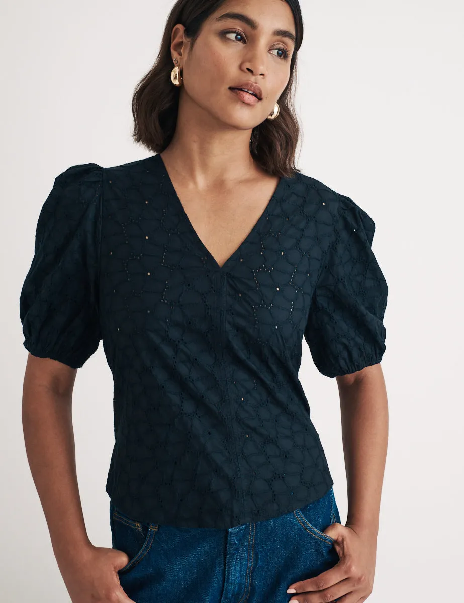 Black Broderie Anglaise Puff Sleeve Top sold by Nobody's Child