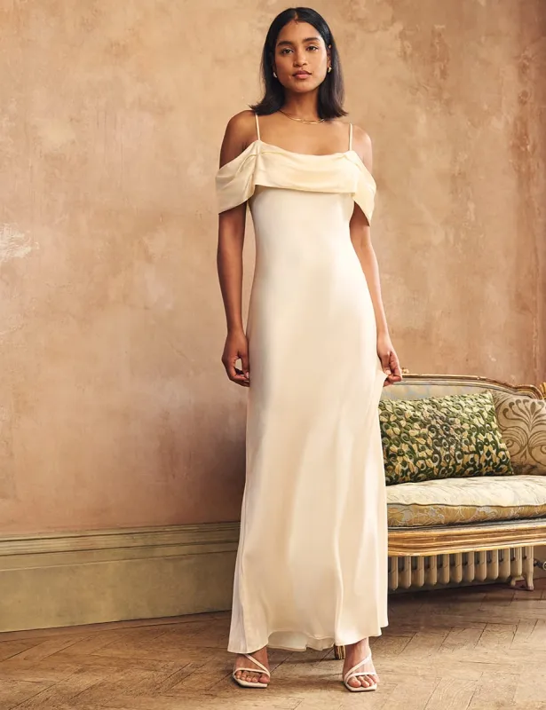 Ivory Satin Bardot Gaia Bridesmaid Maxi Dress sold by Nobody's Child