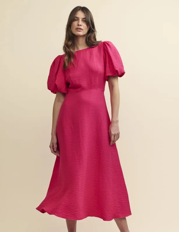 Pink Linen-blend Puff Sleeve Zora Midi Dress sold by Nobody's Child