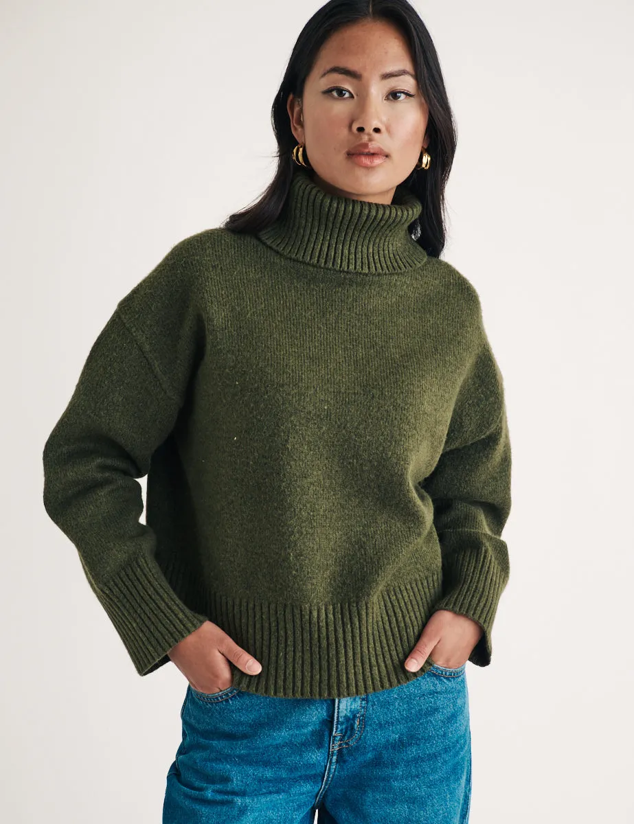 Khaki Green Knitted Roll Neck Jumper sold by Nobody's Child