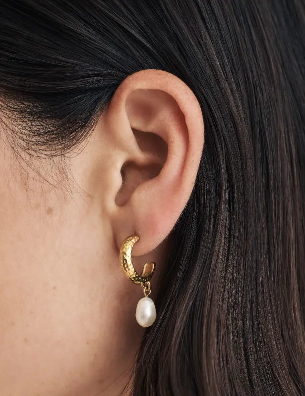 Gold Pearl Drop Hoop Earrings sold by Nobody's Child