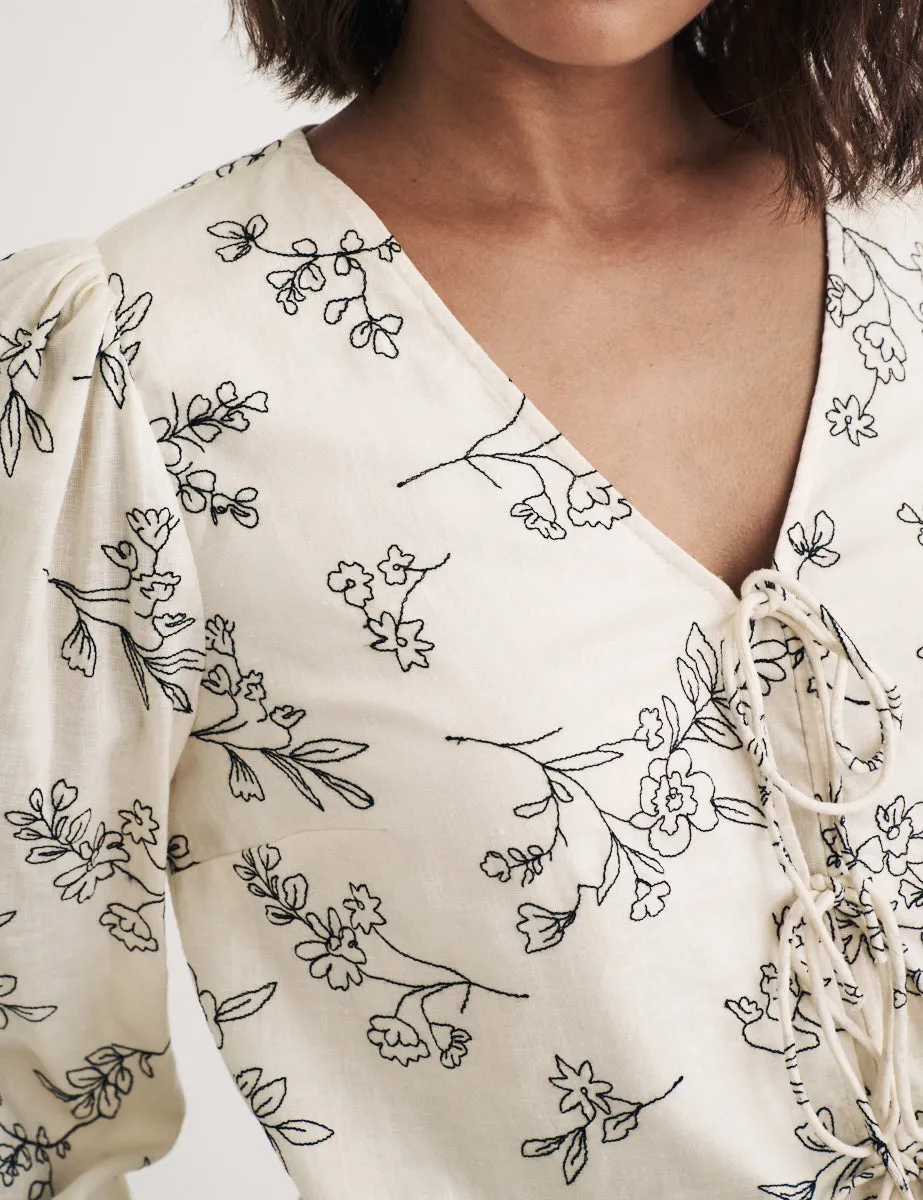 Cream Embroidered Tie Front Bernadetta Blouse sold by Nobody's Child product image thumbnail 2