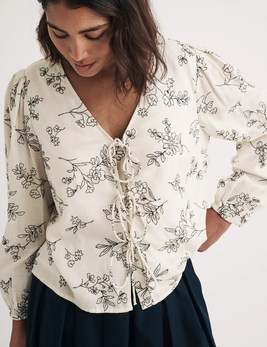 Cream Embroidered Tie Front Bernadetta Blouse sold by Nobody's Child product image thumbnail 3